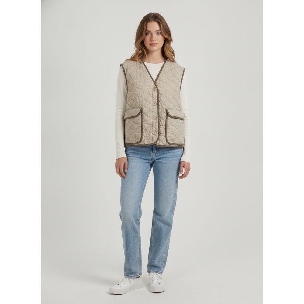MATE the Label Organic Cotton Quilted Vest - Mushroom (Beige) / Brown Trim - M